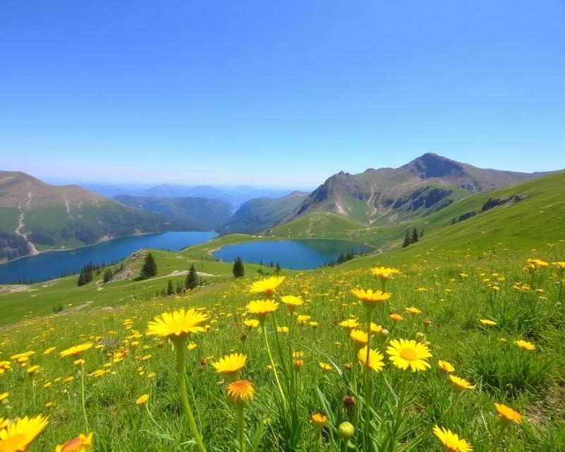 Mountain lake with wildflowers